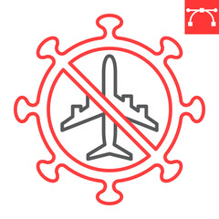 No travel line icon, pandemic and airplane, travel ban vector icon, vector graphics, editable stroke outline sign, eps 10.