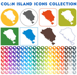 Colon Island icons collection. Bright colourful trendy map icons. Modern Colon Island badge with island map. Vector illustration.