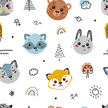 Cartoon Cute Animal Faces Vector Seamless Pattern. Doodle Forest Animals: Bear, Fox, Hare, Owl, Raccoon and Wolf. Woodland Baby Background. 