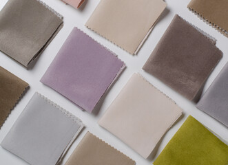 Bright collection of colorful velour textile samples. Fabric texture background