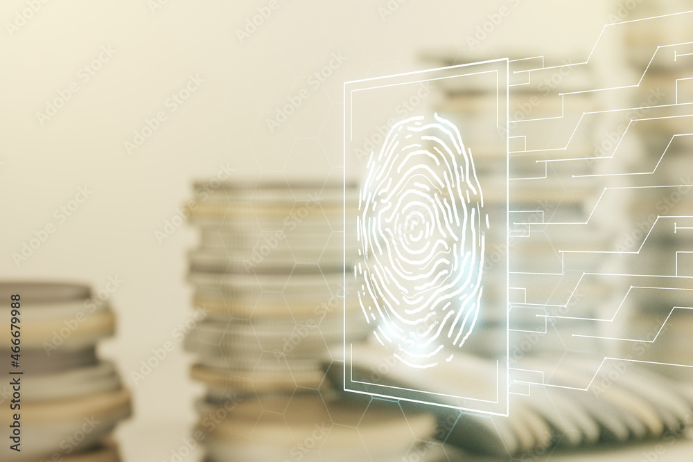 Aufkleber multi exposure of virtual fingerprint scan interface on growing coins stacks background, digital acc