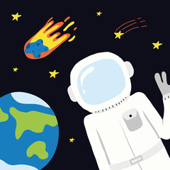 Vector hand drawn poster with an astronaut and the Earth. Space poster with lettering.