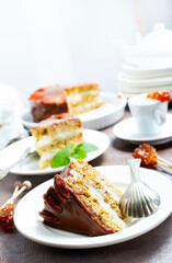 Fresh and homemade baked pie with banana and chocolate.