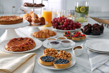 Variety of snacks on white marble table in buffet style indoors