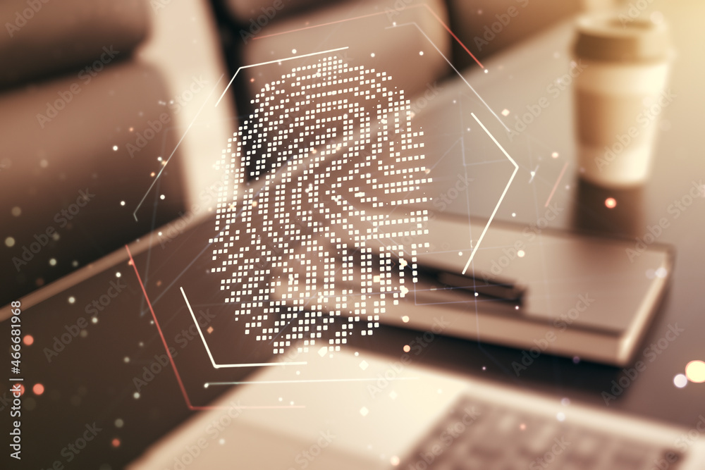 Poster Abstract creative fingerprint illustration on modern computer background, personal biometric data concept. Multiexposure