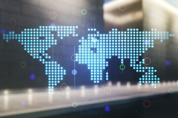 Naklejka premium Multi exposure of abstract creative digital world map hologram on modern business center exterior background, research and analytics concept