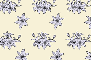 Lily Flower pattern background. Vintage design decorative texture. wallpaper. Cute flowers, leafs stylized in folk ethnic artwork