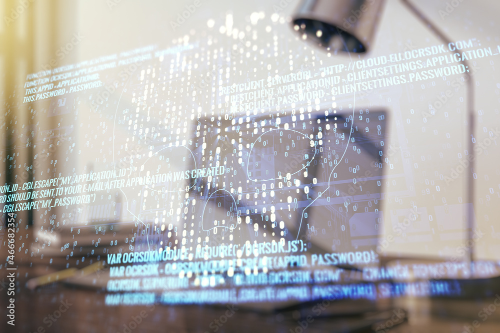 Poster creative code skull hologram on modern computer background, cybercrime and hacking concept. multiexp