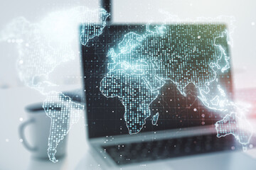 Abstract creative digital world map on modern computer background, globalization concept....