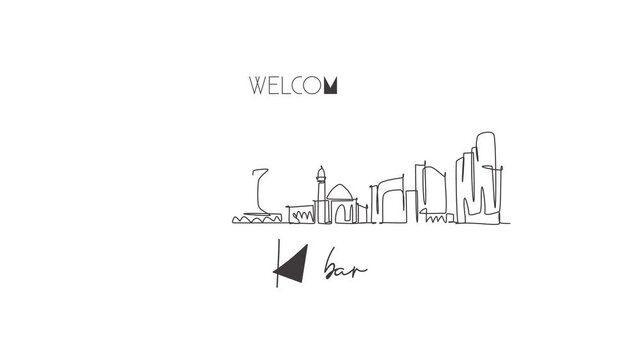 Animation of one line drawing Khobar city skyline, Saudi Arabia. World town landscape postcard print. Best place holiday destination. Editable continuous line self draw animated. Full length motion.