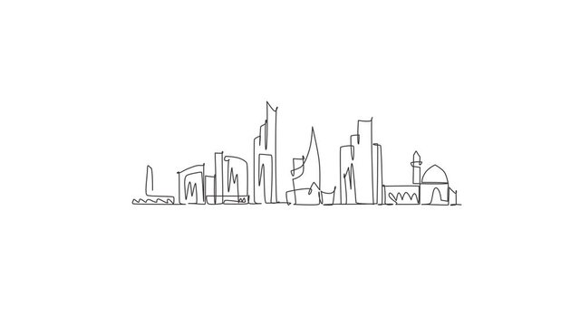 Animated self drawing of continuous line draw Khobar city skyline, Saudi Arabia. Beautiful landmark home decor poster print. World landscape tourism travel vacation. Full length single line animation.