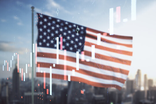 Multi exposure of abstract virtual financial graph hologram on USA flag and blurry cityscape background, forex and investment concept - Powered by Adobe