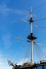 Fototapeta premium Rigging of a sailing ship against the blue sky.