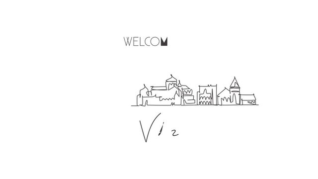 Animated self drawing of continuous line draw Vaduz skyline, Liechtenstein. Famous city scraper landscape home decor poster print. World travel destination concept. Full length one line animation.