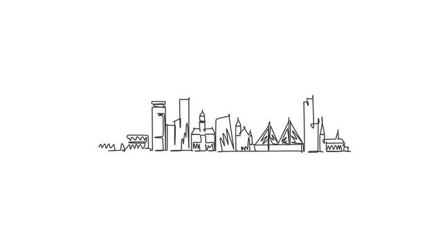 Animated self drawing of single continuous line draw Malmo skyline, Sweden. Famous city scraper landscape. World travel destination home decor wall poster print concept. Full length one line animation