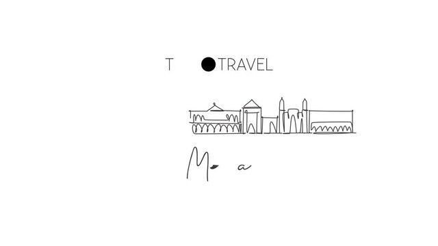 Animated self drawing of continuous line draw Merida city skyline, Mexico. Beautiful landmark home decor poster print. World landscape tourism and travel vacation. Full length single line animation.