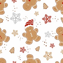 Vector Christmas seamless pattern. Cheerful gingerbread men. Sweet biscuits, homemade cakes, festive atmosphere. Design for printing on textiles, packaging, paper, postcards. 