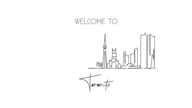 Animated self drawing of one continuous line draw Toronto city skyline, Canada. Beautiful landmark postcard. World landscape tourism travel vacation. Editable full length single line animation.