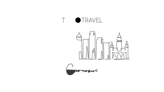 Animated self drawing of single continuous line draw Caracas city skyline, Venezuela. Famous city scraper and landscape. World travel destination concept. Editable full length one line animation.