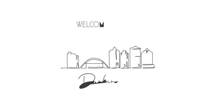 Animation of one line drawing of Durban city skyline, South Africa. World historical town landscape wall decor poster. Best holiday destination. Continuous line self draw animated. Full length motion.
