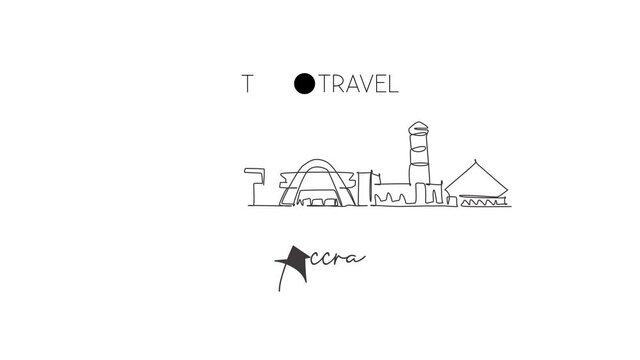 Animated self drawing of one continuous line draw Accra city skyline, Ghana. Beautiful landmark. World landscape tourism travel vacation postcard print. Editable full length single line animation.