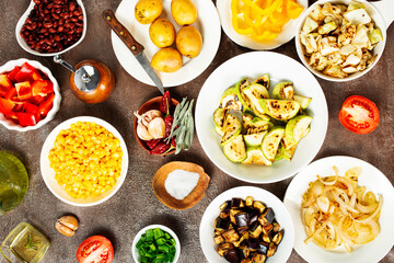 Vegetables in plates. baked and fried vegetables. Selective focus.