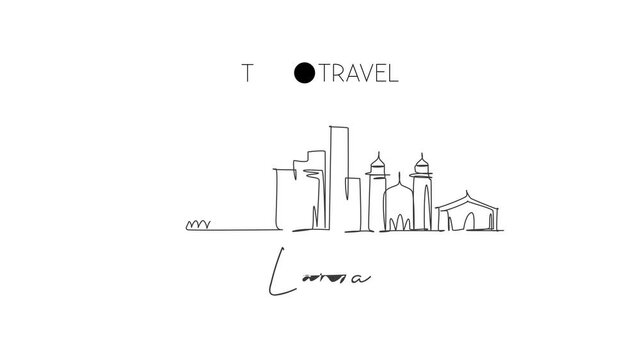Animated self drawing of continuous line draw Luanda city skyline, Angola. Famous city scraper and landscape home wall decor poster art print. World travel concept. Full length one line animation.