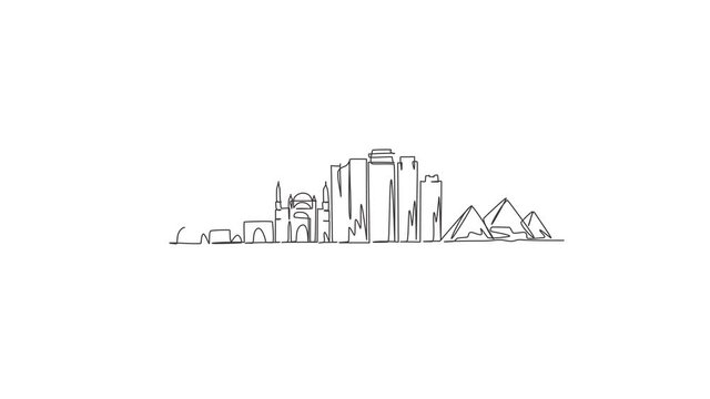 Animation of one single line drawing of Cairo city skyline, Egypt. Historical town landscape postcard print. Best holiday destination. Editable continuous line self draw animated. Full length motion.