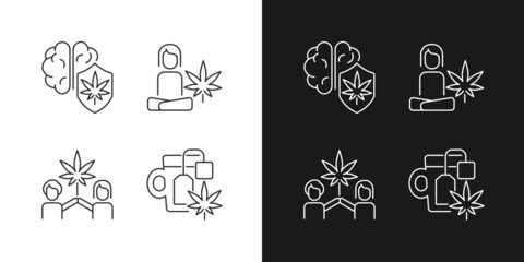 Cannabis and mental health linear icons set for dark and light mode. Marijuana brain protection. Relaxing effect. Customizable thin line symbols. Isolated vector outline illustrations. Editable stroke