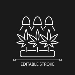 Cannabis cultivation white linear icon for dark theme. Grow herbs under artificial light. Thin line customizable illustration. Isolated vector contour symbol for night mode. Editable stroke