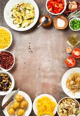 Vegetables in plates. baked and fried vegetables. Selective focus.