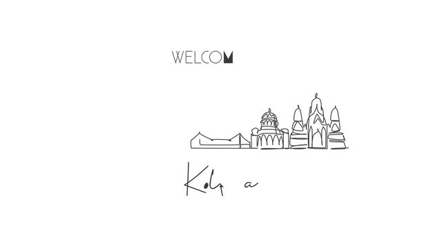 Animation of one single line drawing of Kolkata city skyline, India. Historical town landscape in the world. Best holiday destination. Editable continuous line self draw animated. Full length motion.