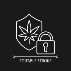 Cannabis security white linear icon for dark theme. Marijuana dispensaries protection. Thin line customizable illustration. Isolated vector contour symbol for night mode. Editable stroke