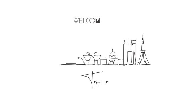 Animated self drawing of continuous line draw Tokyo city skyline, Japan. Beautiful landmark. World landscape tourism and travel vacation poster. Editable full length single line animation illustration