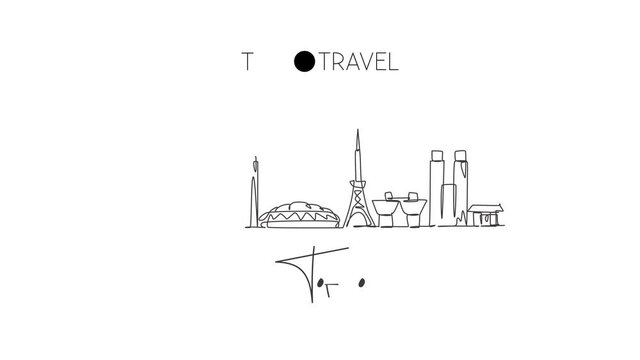 Animated self drawing of single continuous line draw Tokyo city skyline, Japan. Famous city scraper and landscape. World travel concept home wall decor poster print art. Full length one line animation