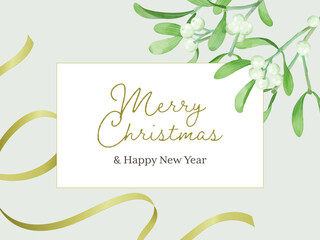 Christmas card drawing  watercolor. Vector template for new year design with fram and golden ribbon.
