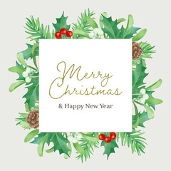 Christmas card drawing watercolor. Vector template for new year design with frame.