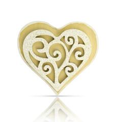 Heart made of wood. Wooden decoration for decoration, spruce, fir. Wooden heart of white color and a beautiful pattern in the center, isolated on a white background with reflection.