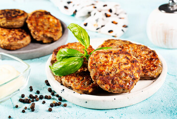 Delicious homemade cutlets in bowl. chiocken cutlets. fried cutlets