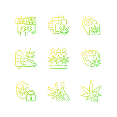 Cannabis usage gradient linear vector icons set. Marijuana culture. Recreational use. Hemp selling and shipping. Thin line contour symbols bundle. Isolated outline illustrations collection