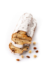 Traditional German Christmas stollen isolated on white background