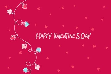 Happy Valentine's Day greeting card with garland bulbs in hearts shapes on hearts red background. Hand Drawn letterimg, Linear glow light lamp. Flat Vector illustration. Typography and Lettering.