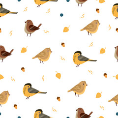 Pattern with cute birds. Minimalistic pattern with autumn birds