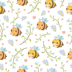 Naklejka premium Pattern cute bee with flowers, gentle pastel seamless pattern. cute doodles