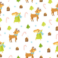 Fototapeta premium Christmas background. Cute animals. Deer vector. Bunny rabbit