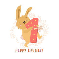 One year invitation. Cute bunny. Happy Birthday. Bunny rabbit.