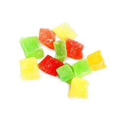 Delicious candied fruit pieces on white background, top view