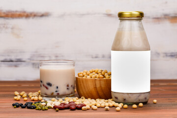 Healthy bean milk of vegetarian breakfast for nourishment and refreshment drink mixed with natural organic legume grain