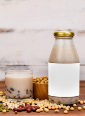Healthy bean milk of vegetarian breakfast for nourishment and refreshment drink mixed with natural organic legume grain