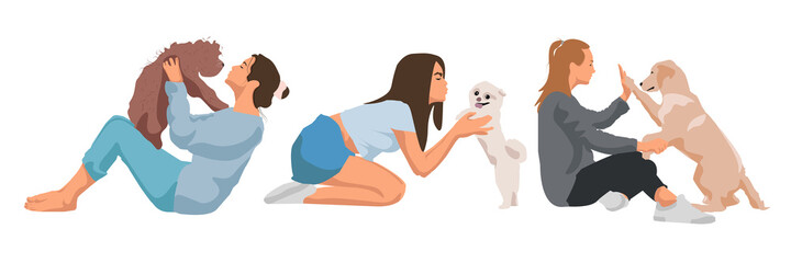 Pet owners people vector illustration set. Cartoon young woman characters hug, hold in hands and love best friend dog , play with own animals in fun game, happy friendship isolated on white